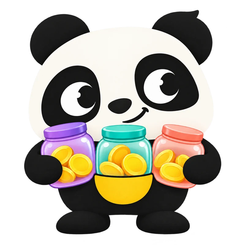 Pip the panda holding three colorful jars of coins
